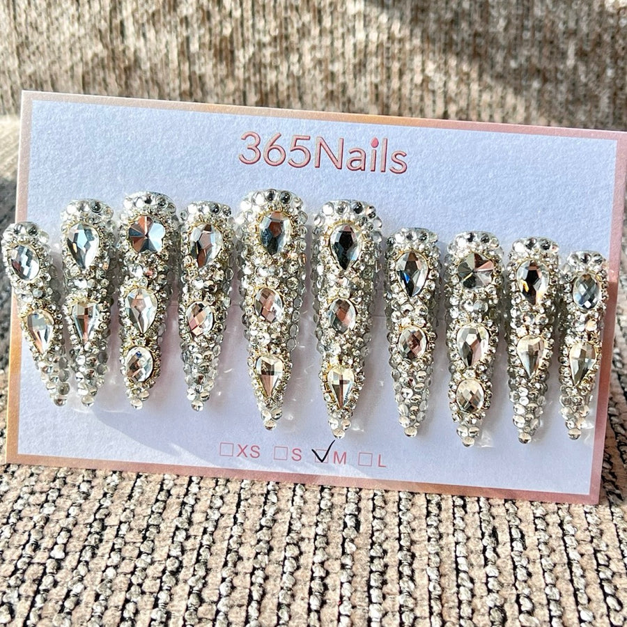 365nails: "Silver Rhinestone Luxury" – Handmade Long Stiletto Press-On Nails