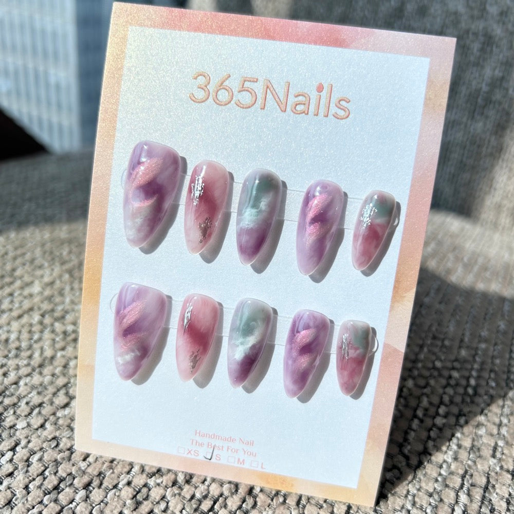 Ethereal Ink: "Mystic Nebula Flow" – Lilac, Berry & Sage Mixed Marble with 3D Ripple & Cat Eye Almond Nails