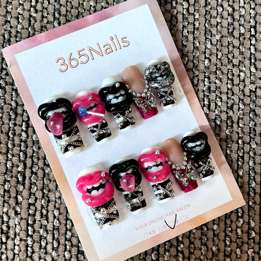 Gothic Kiss - Pink Black 3D Lip Press-On Nails