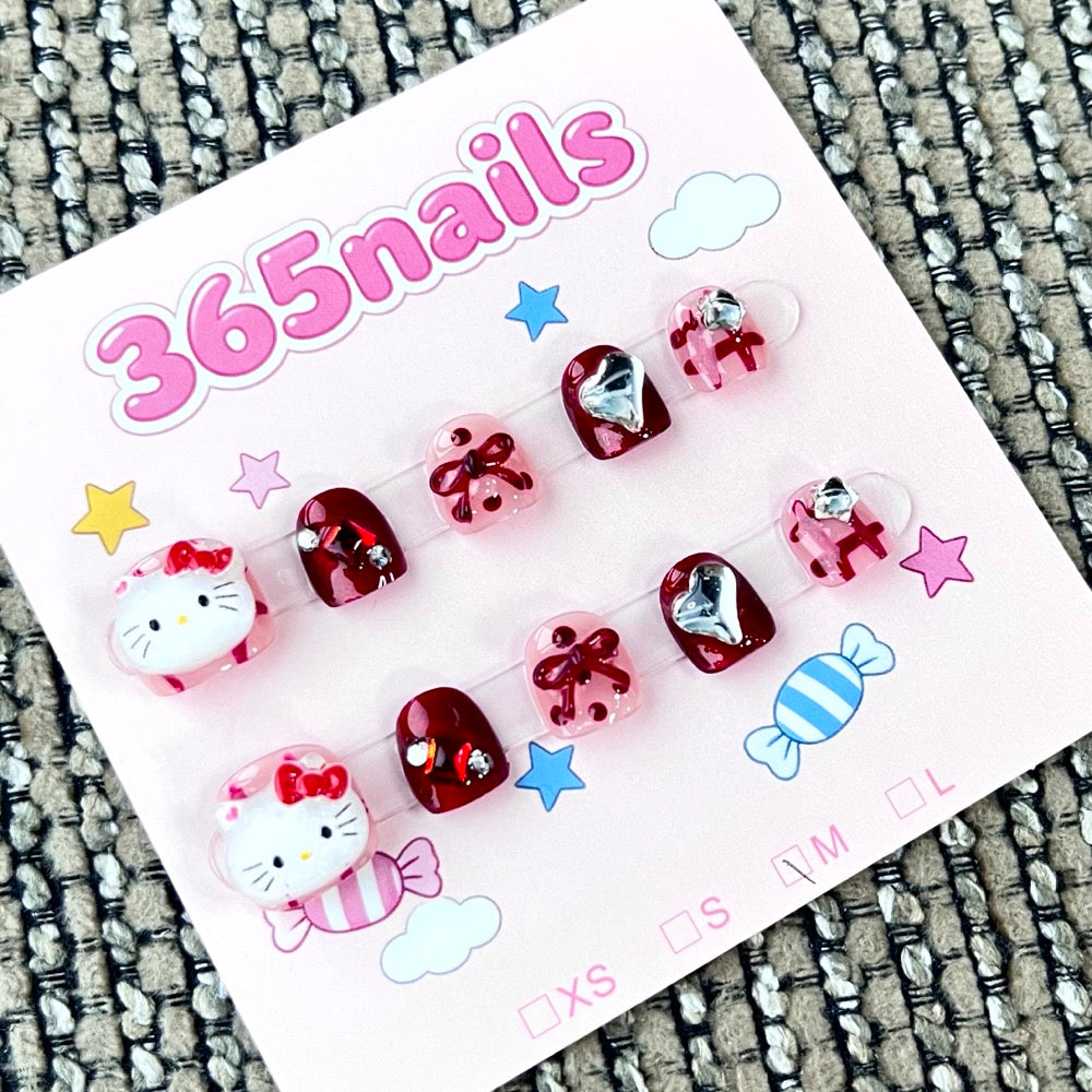 365nails: "Hello Kitty's Red Bow" – 3D Character Handmade Short Nails