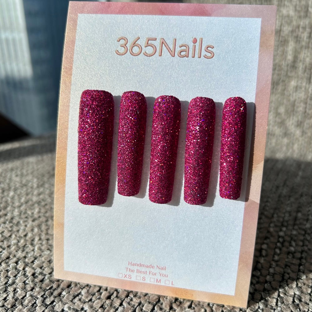 Raspberry Fizz Press On Nails Burgundy Micro Glitter Square｜Starry Glitter · Sparkling Series