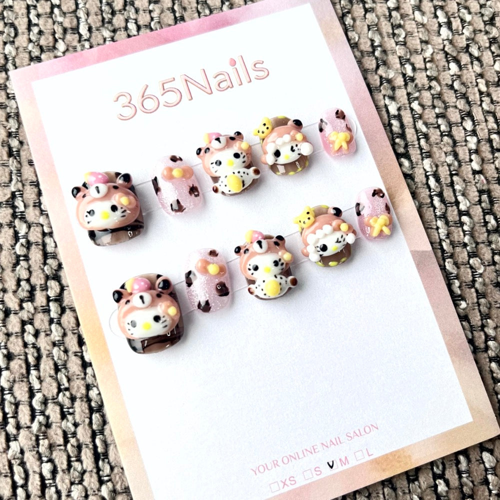 365nails: "Pink Leopard Kitty" – 3D Cartoon Character Handmade Short Square Nails