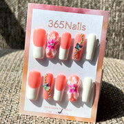 365nails: "Blooming French" – 3D 플라워 & 보석 수제 스퀘어형 네일