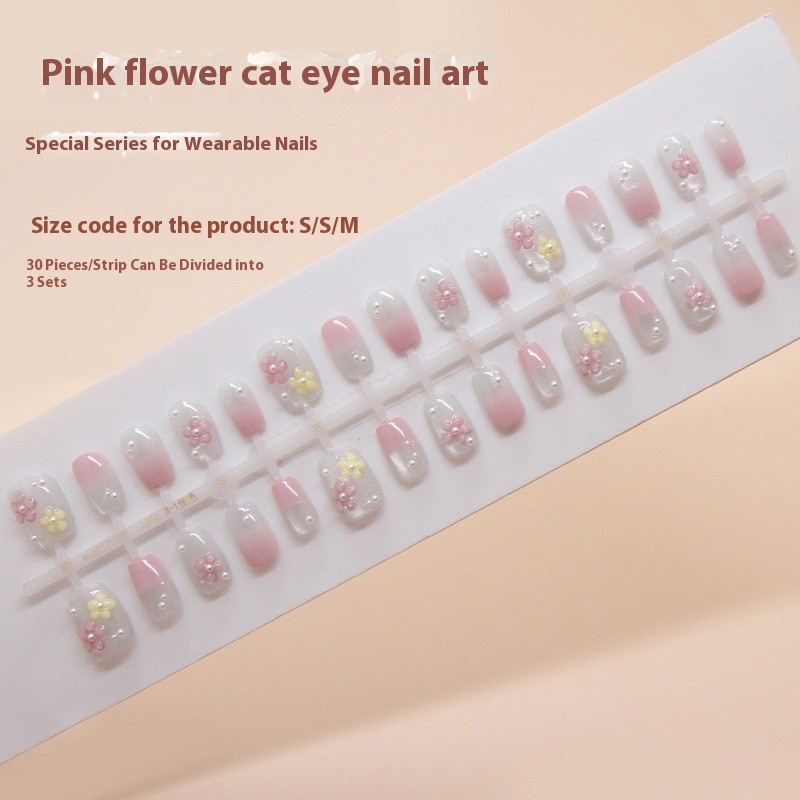 Nail Tips  prefabricated nail, press on nails, sweet flower removable, light-chasing cat eye nail piece, short T nail art diamond｜365nails
