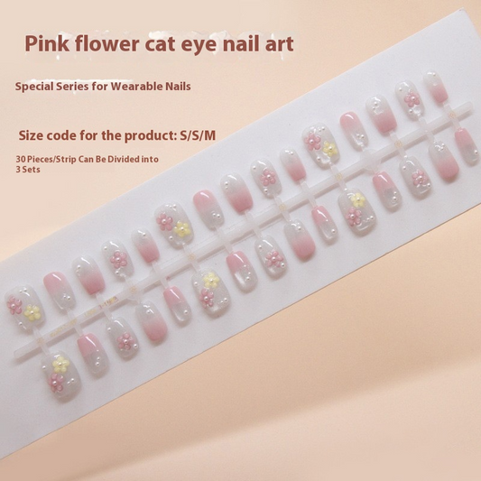Nail Tips  prefabricated nail, press on nails, sweet flower removable, light-chasing cat eye nail piece, short T nail art diamond｜365nails