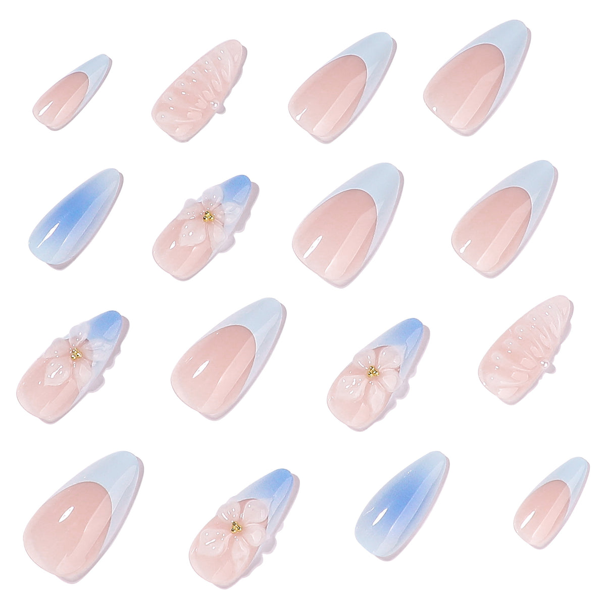 Individual press-on nails displayed on white background showing blue gradients and 3D flowers