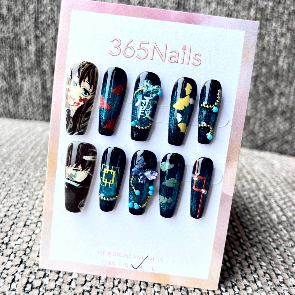 365nails: "Demon Slayer Muichiro Tokito" – Handmade Medium Trapezoid Press-On Nails
