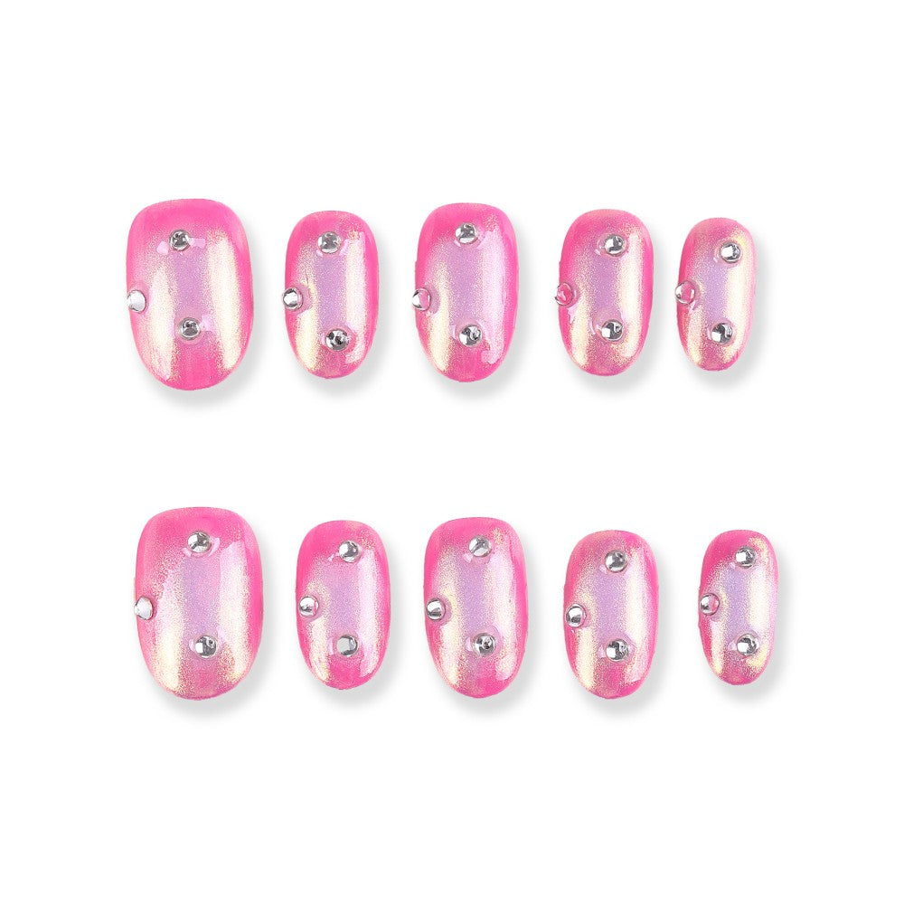 Pink Chrome Press-On Nails with Silver Studs ( MOQ=5pcs )