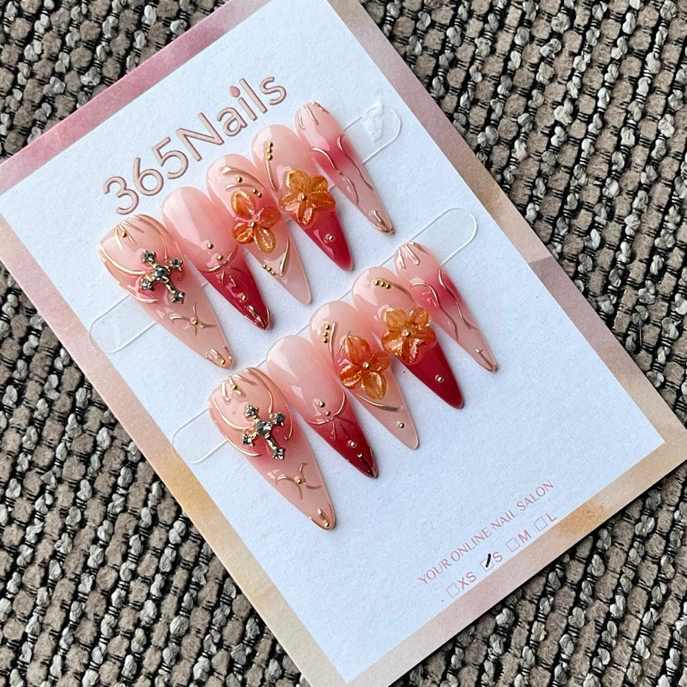 Handmade Ombre Almond Press-On Nails with 3D Flowers & Cross Charms