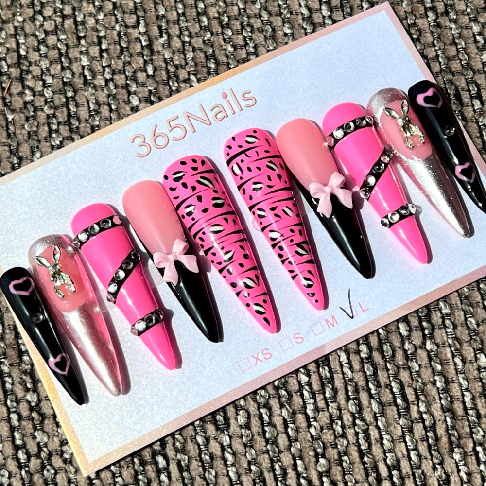 365nails: "Pink Punk" – 3D Bow & Rhinestone Handmade Long Stiletto Nails