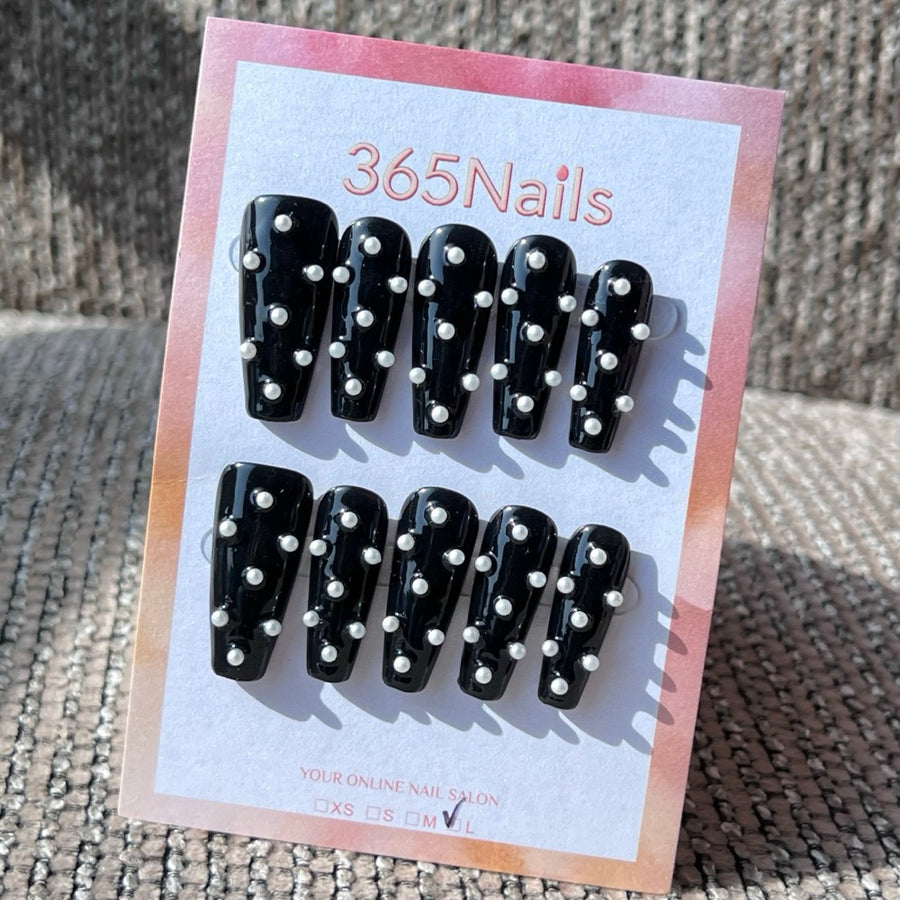 365nails: "Midnight Polka" – 3D White Dot Handmade Press on Nails Coffin Nails