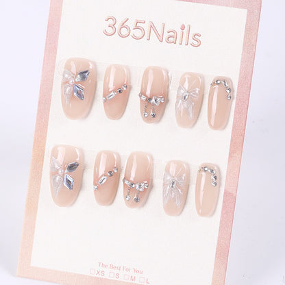 365Nails Nude Pink Bows with Dangling Rhinestones — Soft Medium‑Short Almond Press‑On Nails