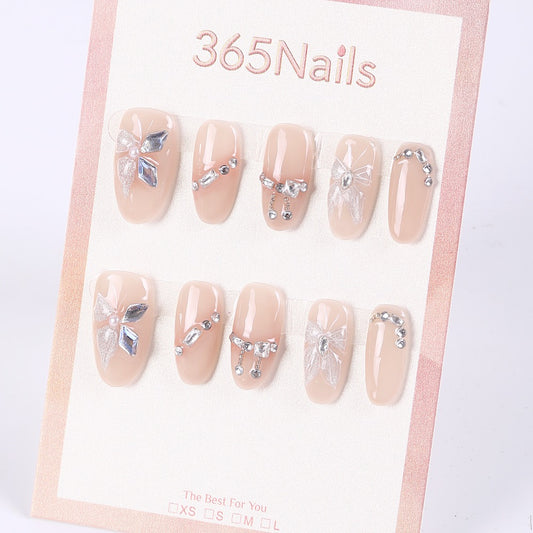 365Nails Nude Pink Bows with Dangling Rhinestones — Soft Medium‑Short Almond Press‑On Nails
