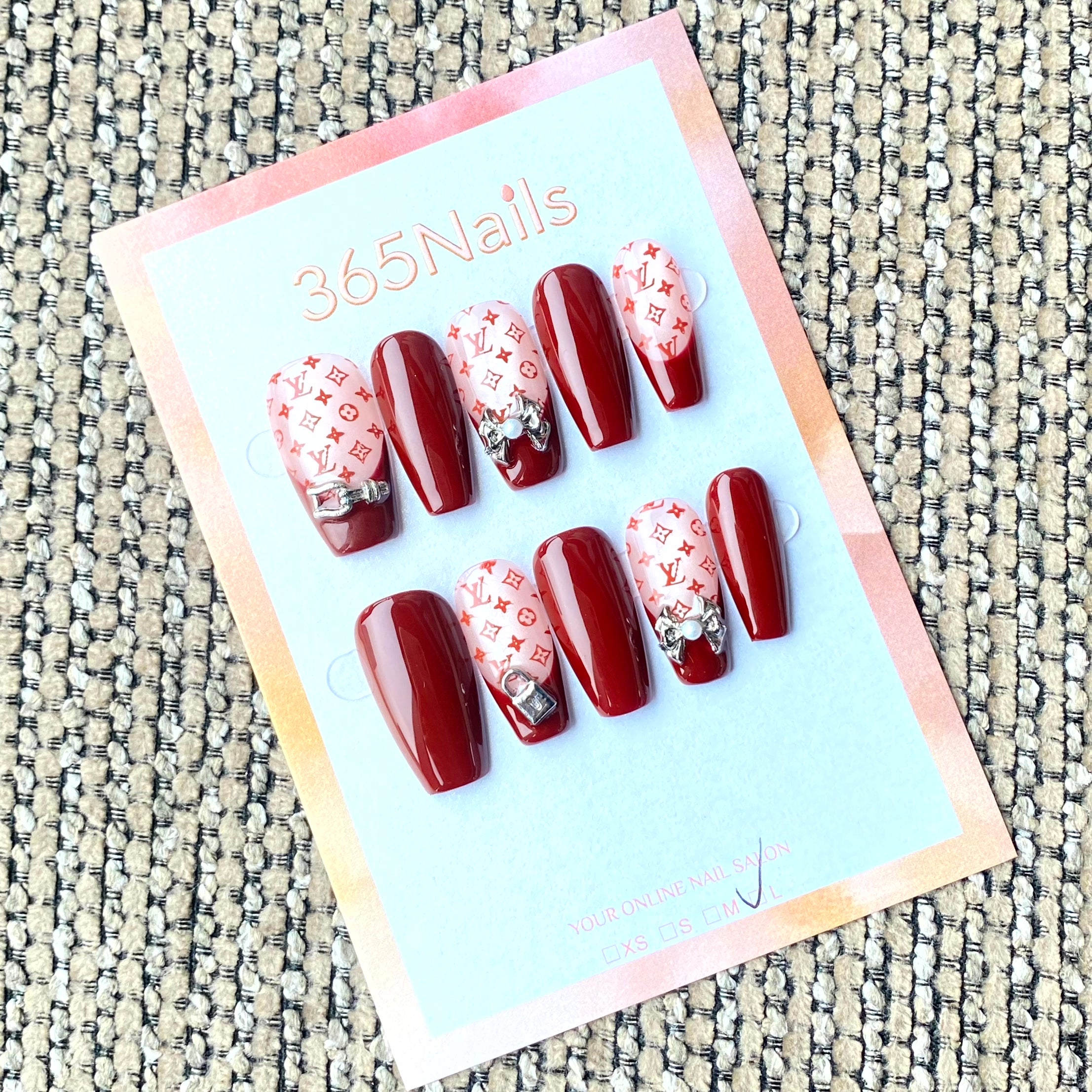 Luxury Logo 365nails: "Crimson Royal Monogram" – 3D Silver Bow & Luxury Pattern Handmade Coffin Nails