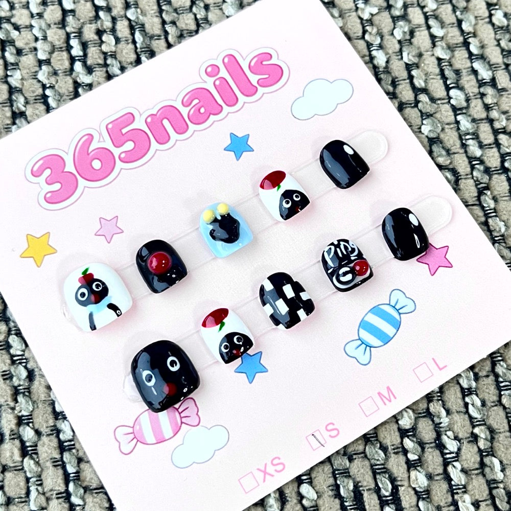 365nails: "Pingu's Playground" – 3D Character & Checkered Handmade Short Square Nails