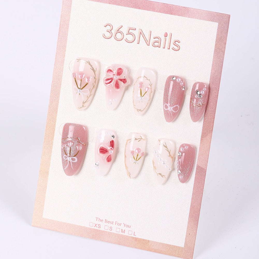 365Nails Blanco lechoso y rosa con flores de gelatina y lazos — Dulces uñas postizas almendradas medianas