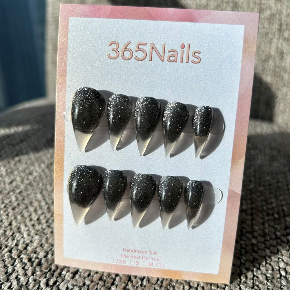 Obsidian Stardust Dragon Claw Stiletto Black Glitter to Clear Jelly Handmade Dragon Nail