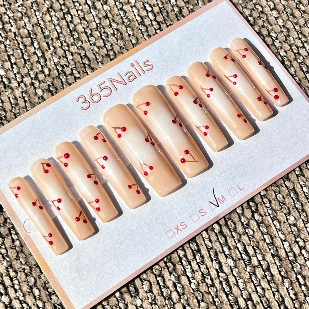 365nails: "Cherry Blush Airbrush" – Unhas Longas Stiletto Cereja Aerografadas à Mão