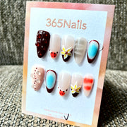 365nails: "Paraíso Tropical" – Unhas Amêndoa 3D Florais e Xadrez Feitas à Mão