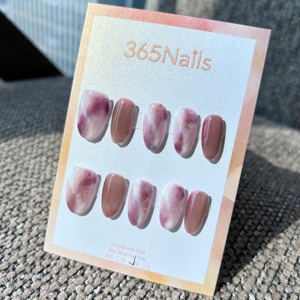 Ethereal Ink: "Taro Rose Mist" – Dusty Mauve Cat Eye & Milky Purple Marble with Gold Shimmer Oval Nails