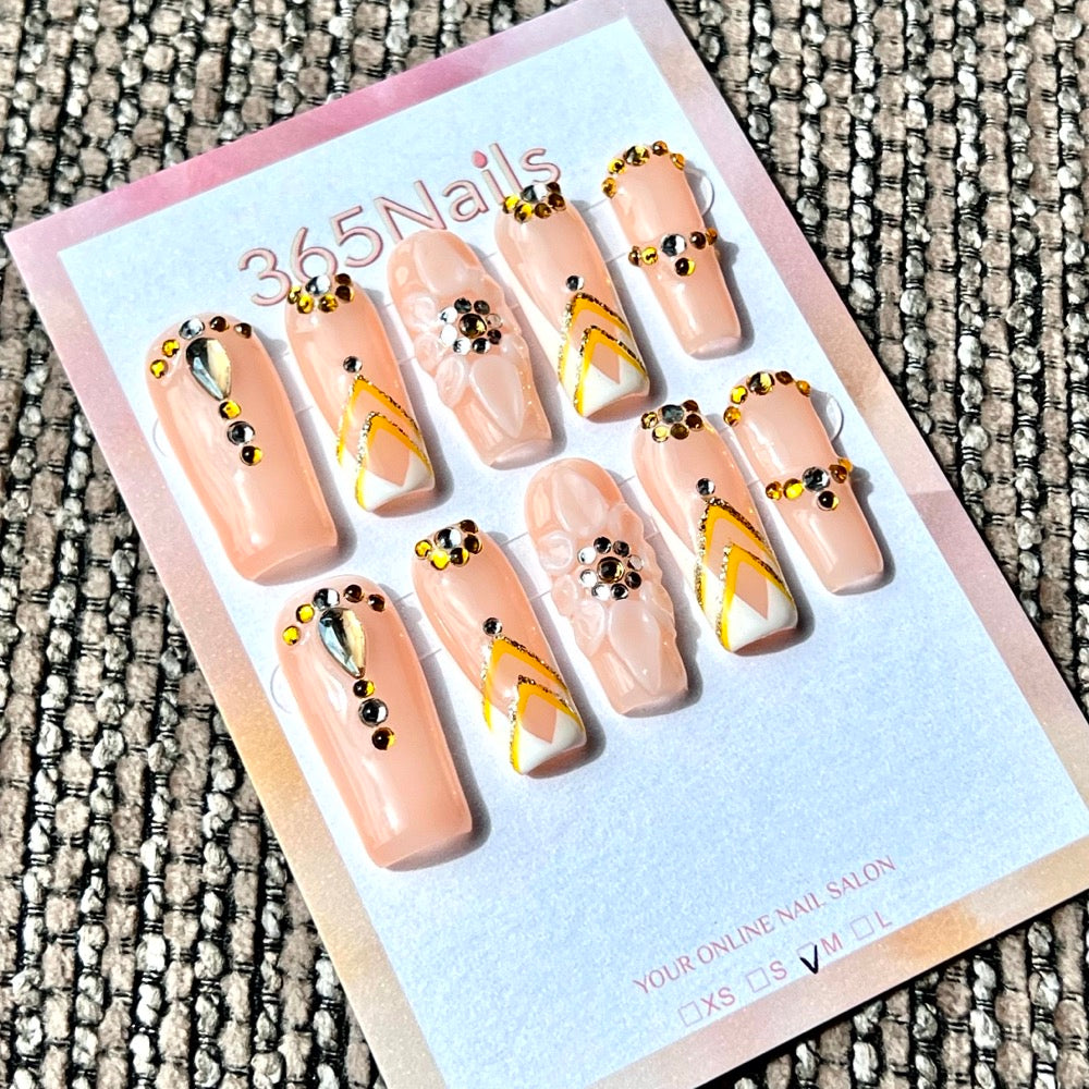 365nails: "Peach Crystal French Bloom" – Handmade Medium Square Press-On Nails