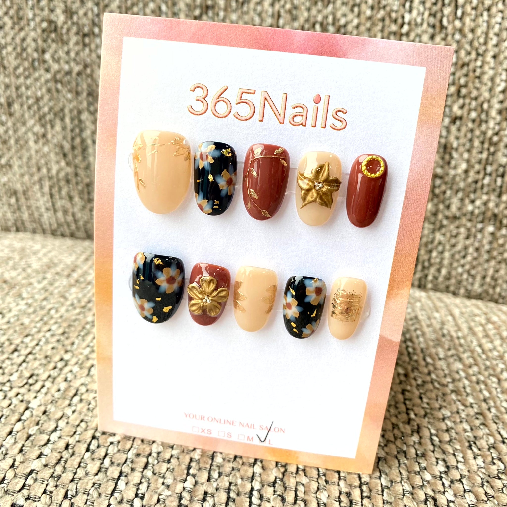 365nails: "Autumn Gilded Flora" – 3D Gold Flower & Navy Floral Handmade Oval Nails
