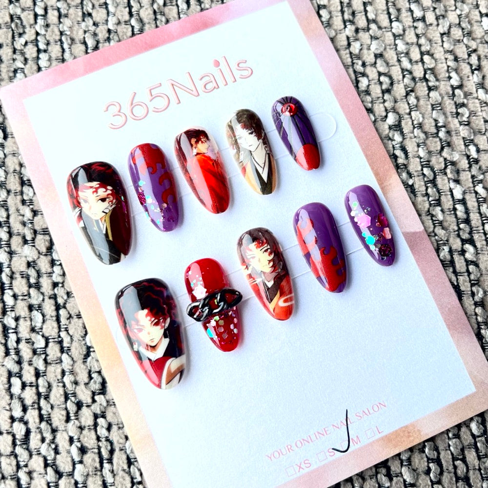 365nails: "Demon Slayer Yoriichi Tsugikuni" – Handmade Short Almond Press-On Nails