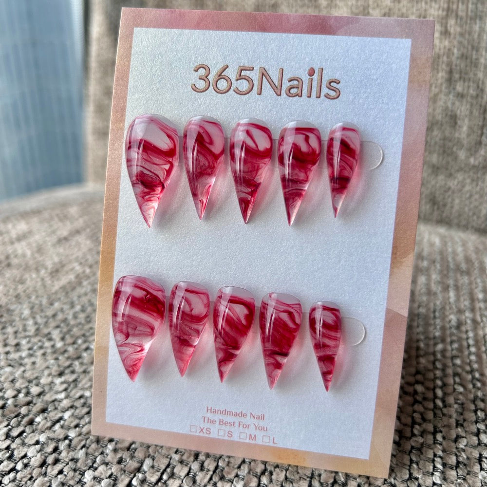 Cranberry Swirl Dragon Claw Stiletto Clear Jelly Red Marble｜365Nails Premium Handmade Dragon Nail
