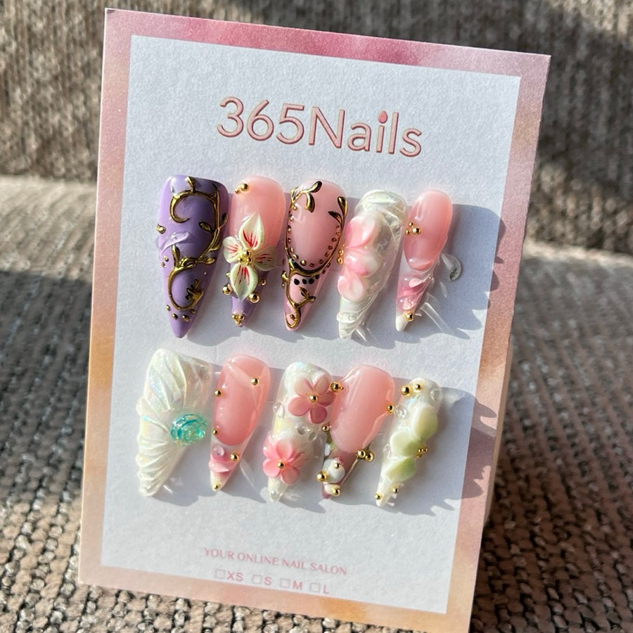365nails: "Purple & Pink Ornate" – Handmade Medium Stiletto Press-On Nails