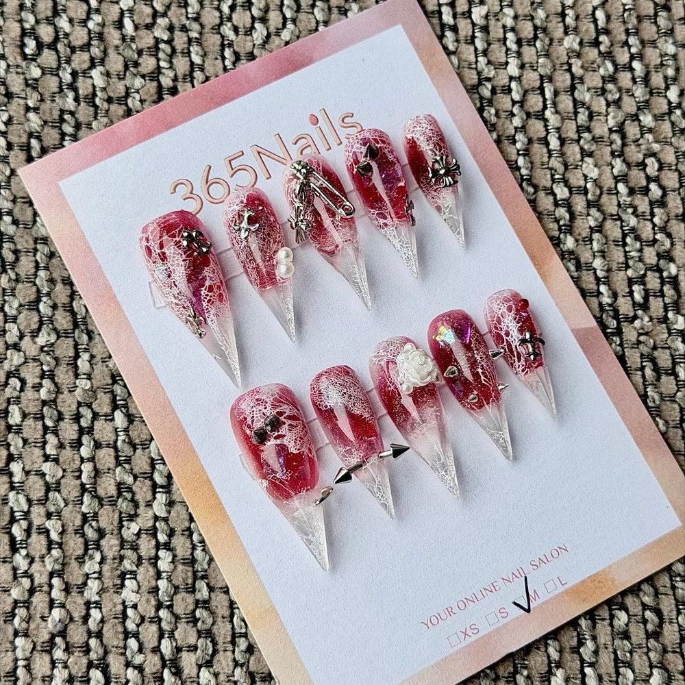 365nails: "Crimson Cracked Rose Punk" – 3D White Rose & Metal Spike Safety Pin Handmade Long Stiletto
