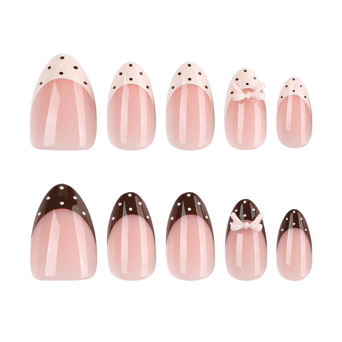 Size chart of 10 almond press-on nails in white and dark brown polka-dot French tip designs