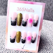 365nails: "Gilded Noir" – 3D Floral & Feather Handmade Almond Nails