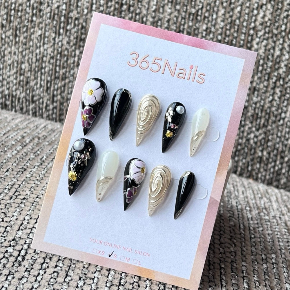 Black & Gold Floral Stiletto 3D Charm Press-On Nails