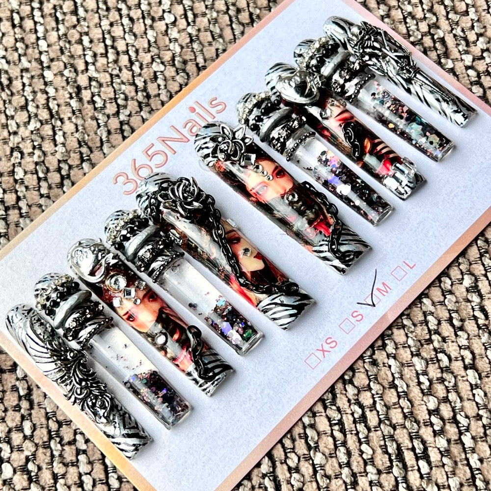 365nails: "Zebra Rebel Vixen" – Handmade Liquid Motion Press-On Long Pipe Nails-5.5cm