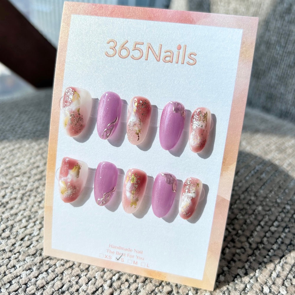 Ethereal Ink: "Violet Haze" – Lilac Cat Eye & Rust-Red Marble with Gold Foil & Silver Chain Oval Nails