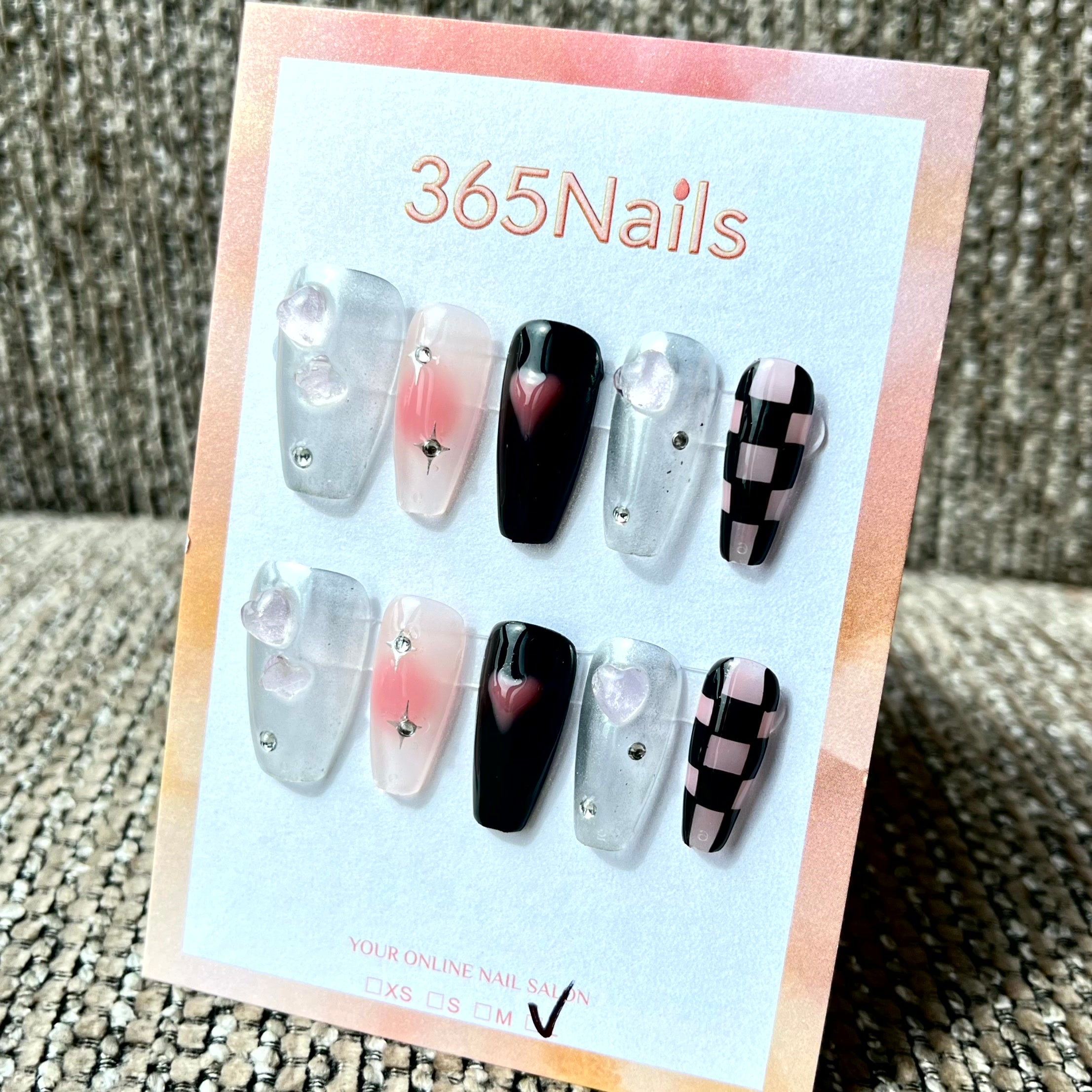 365nails: "Y2K Heartache" – Mixed Media Checkerboard Handmade Press on Nails Long Coffin Nails