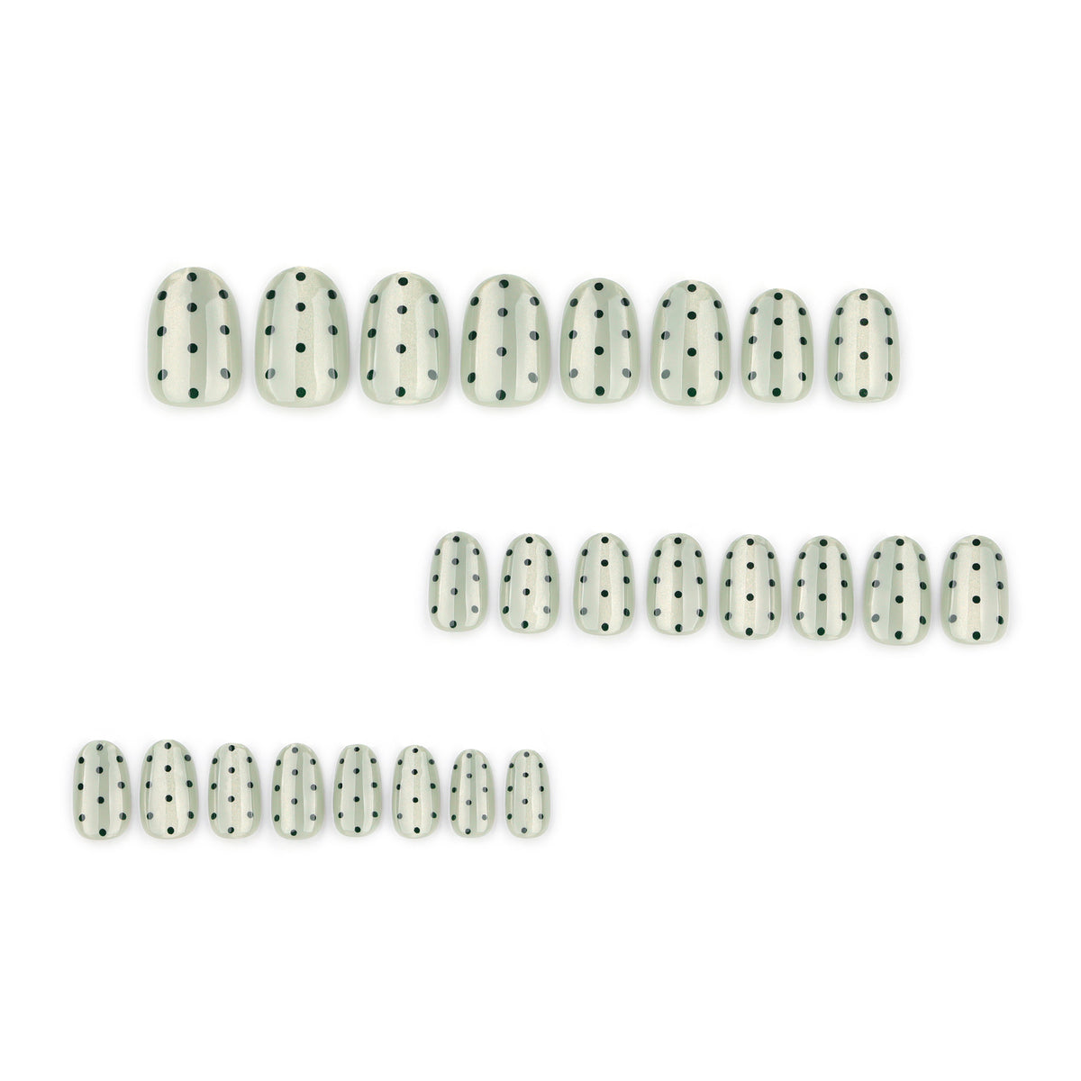 Set of glossy green dotted press-on nails arranged in three rows