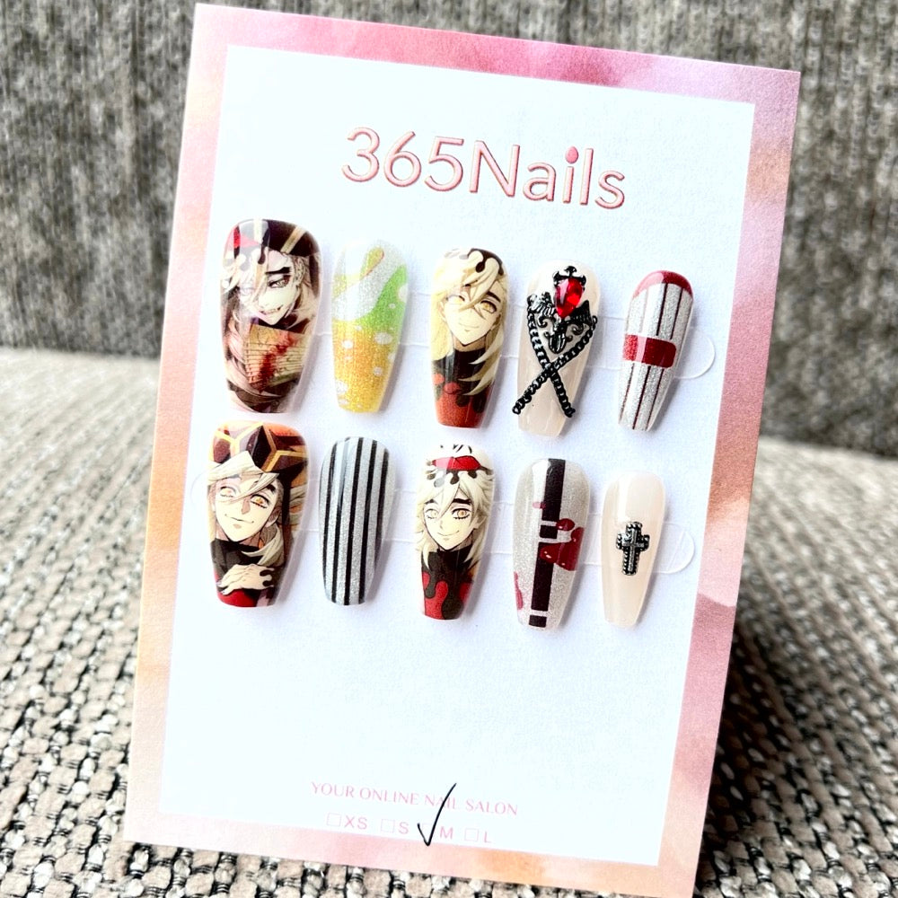 365nails: "Demon Slayer Douma Anime" – Handmade Medium Trapezoid Press-On Nails