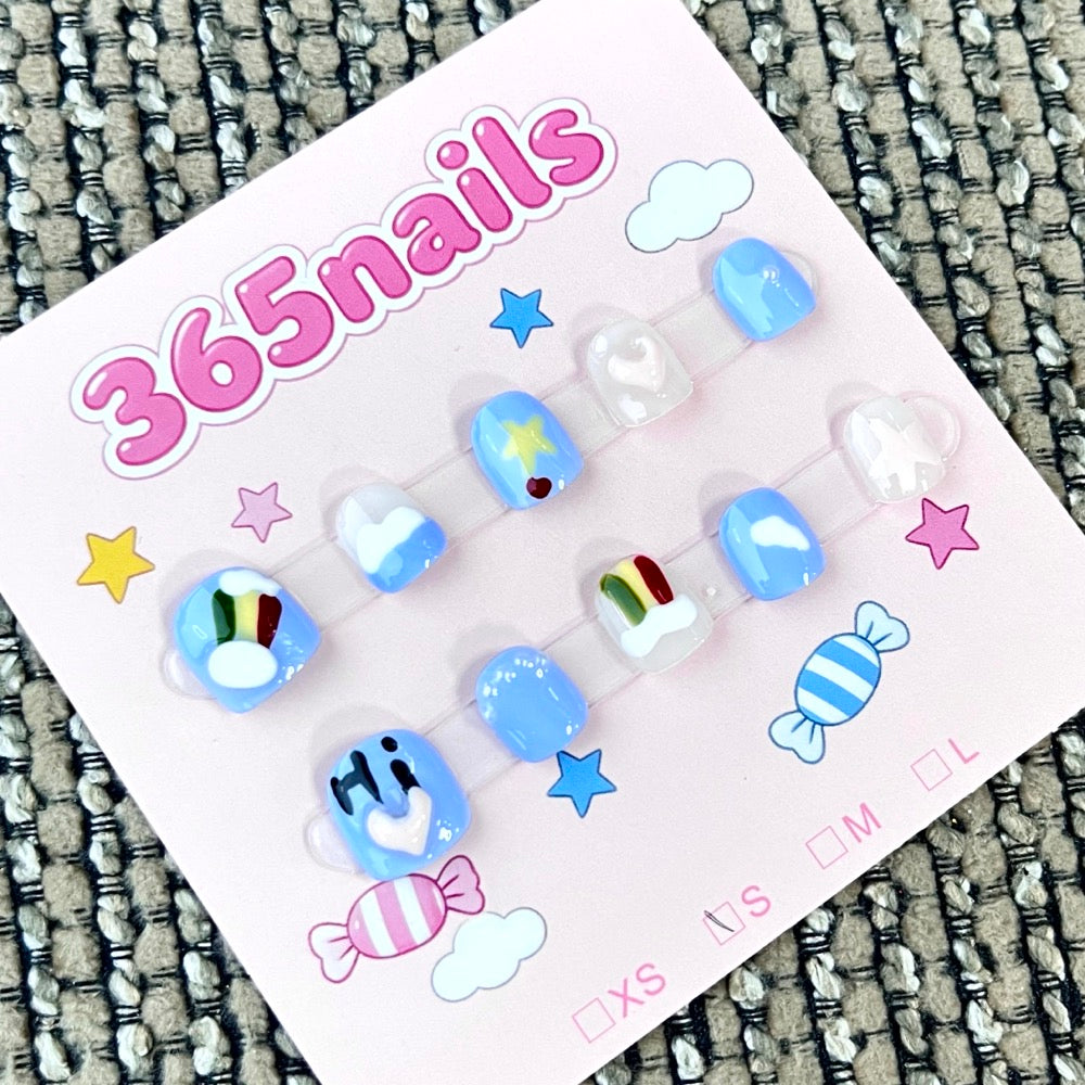 365nails: "Blue Candy Cloud" – Unhas Quadradas Curtas 3D Fofas Feitas à Mão
