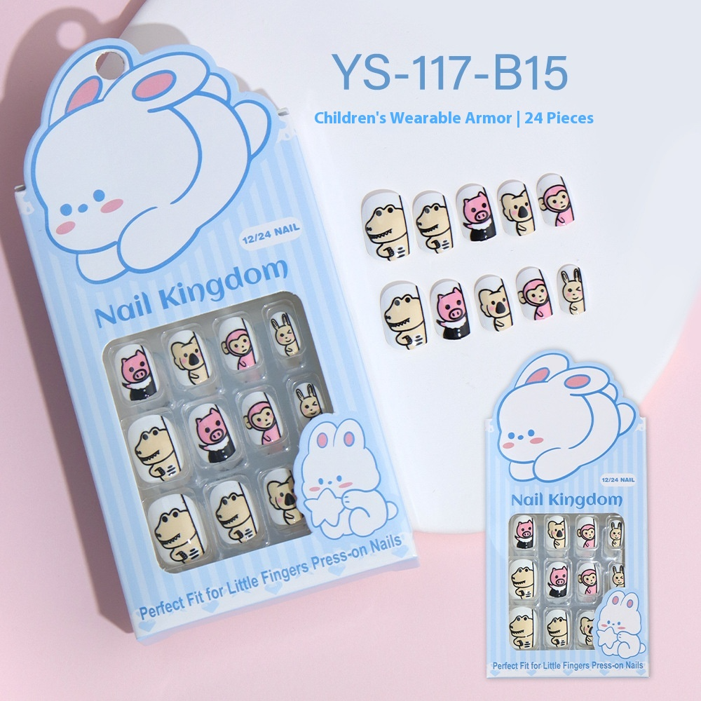 Children press on nails, cartoon 24-piece boxed finished product, sweet and cute children's removable fake nail patch manicure