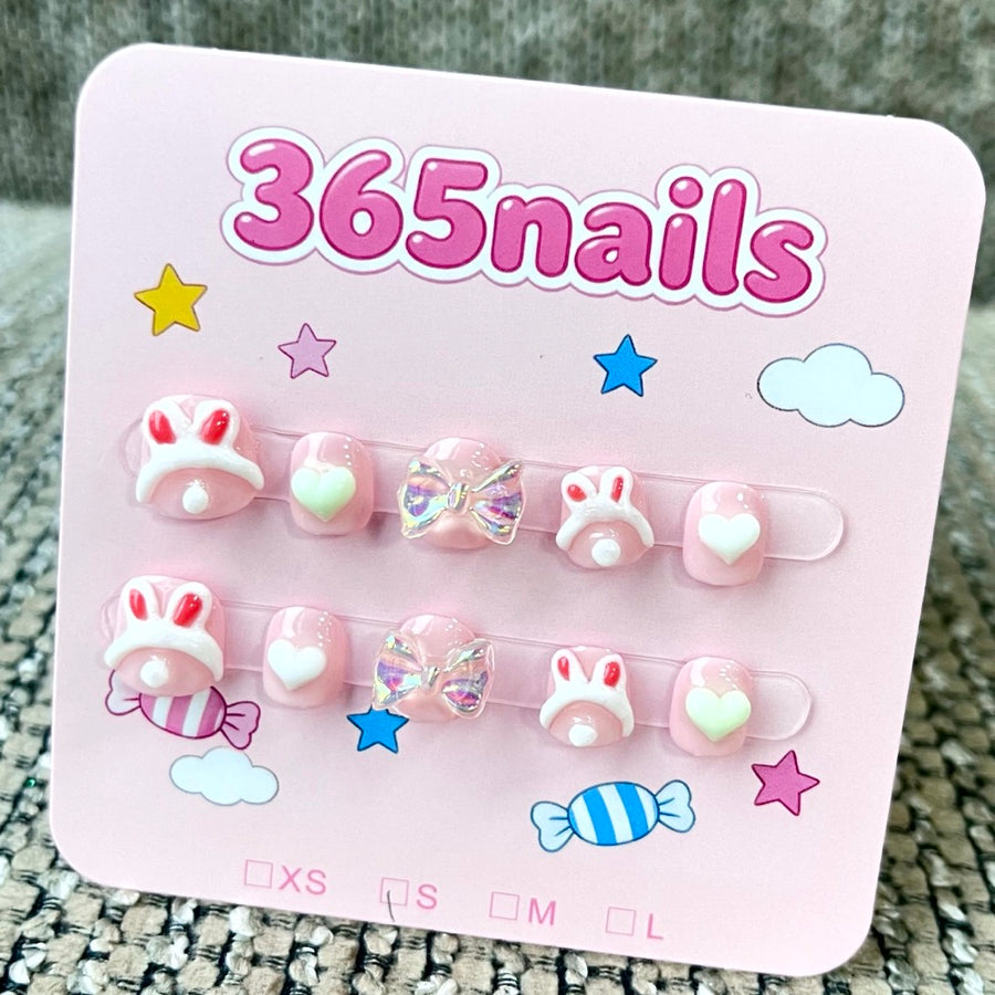365nails: "Bunny Love" – 3D Rabbit & Heart Handmade Short Square Nails