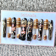 365nails: "Golden Noir Royalty" – Handmade Liquid Motion Press-On Long Pipe Nails-5.5cm