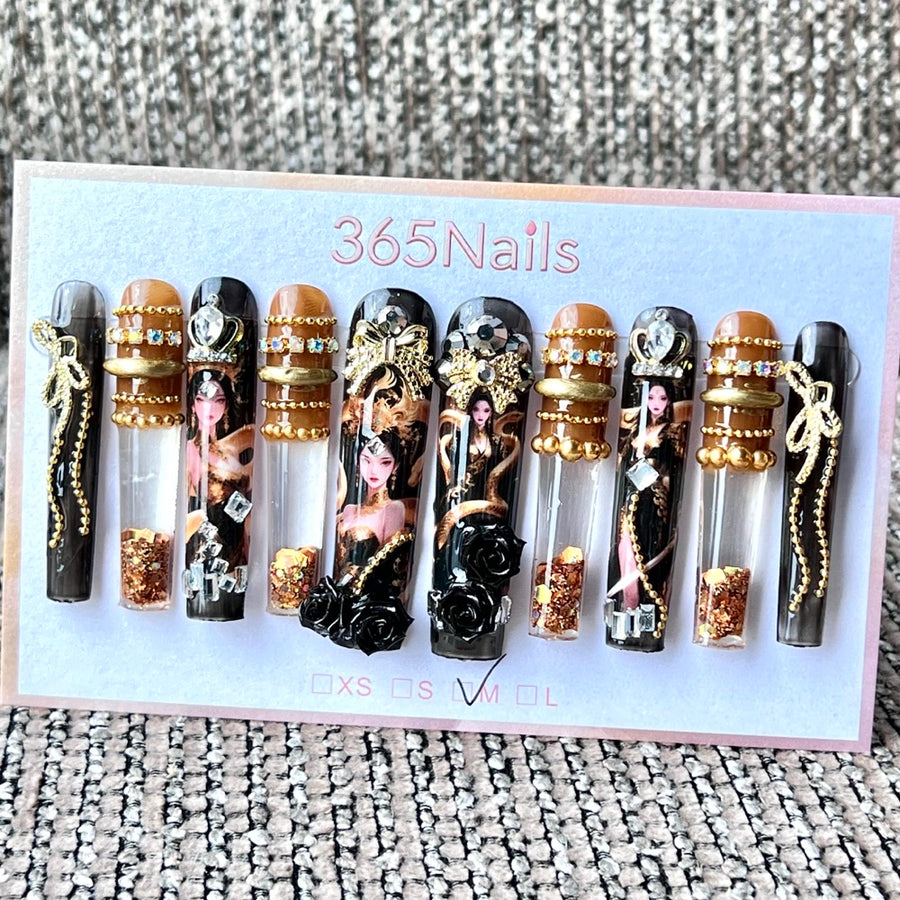 365nails: "Golden Noir Royalty" – Handmade Liquid Motion Press-On Long Pipe Nails-5.5cm
