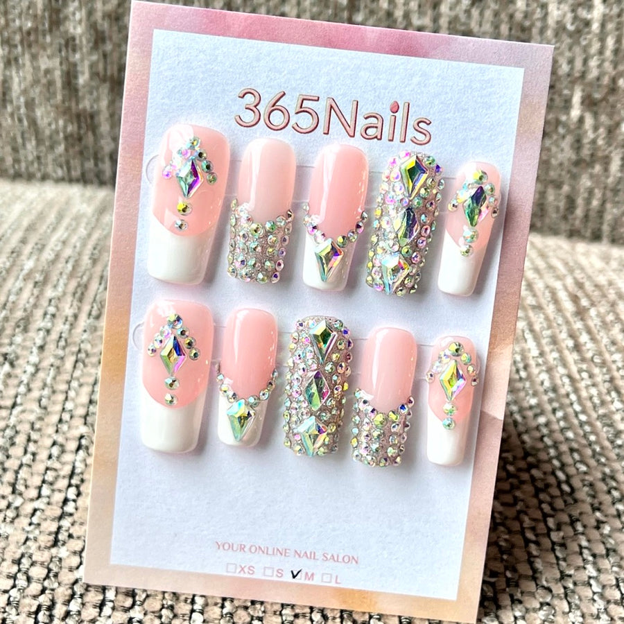 365nails: "Blush French Sparkle" – Handmade Medium Square Press-On Nails