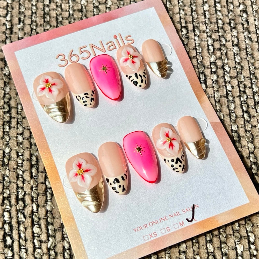 365nails: "Nude Pink Flower Leopard Gold Mix" – Handmade Medium Stiletto Press-On Nails
