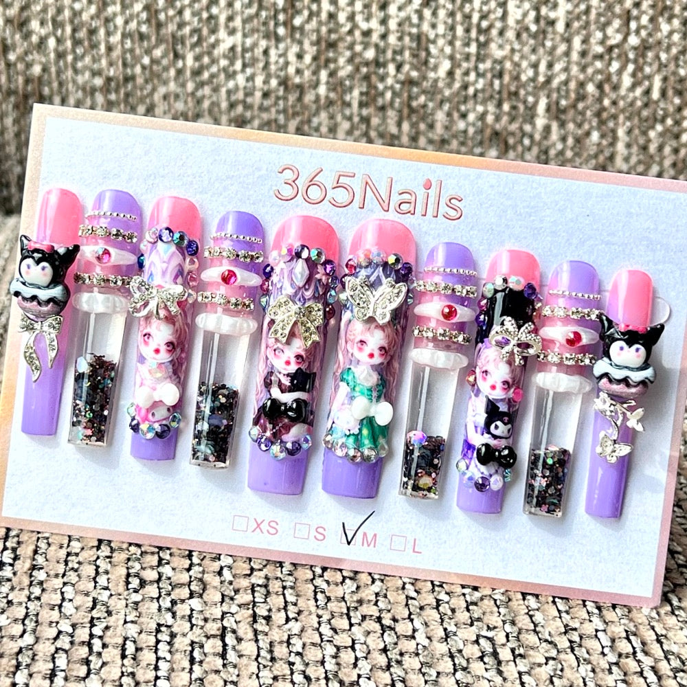 365nails: "Purple Kawaii Doll" – Handmade Kuromi Liquid Motion Press-On Long Pipe Nails-5.5cm