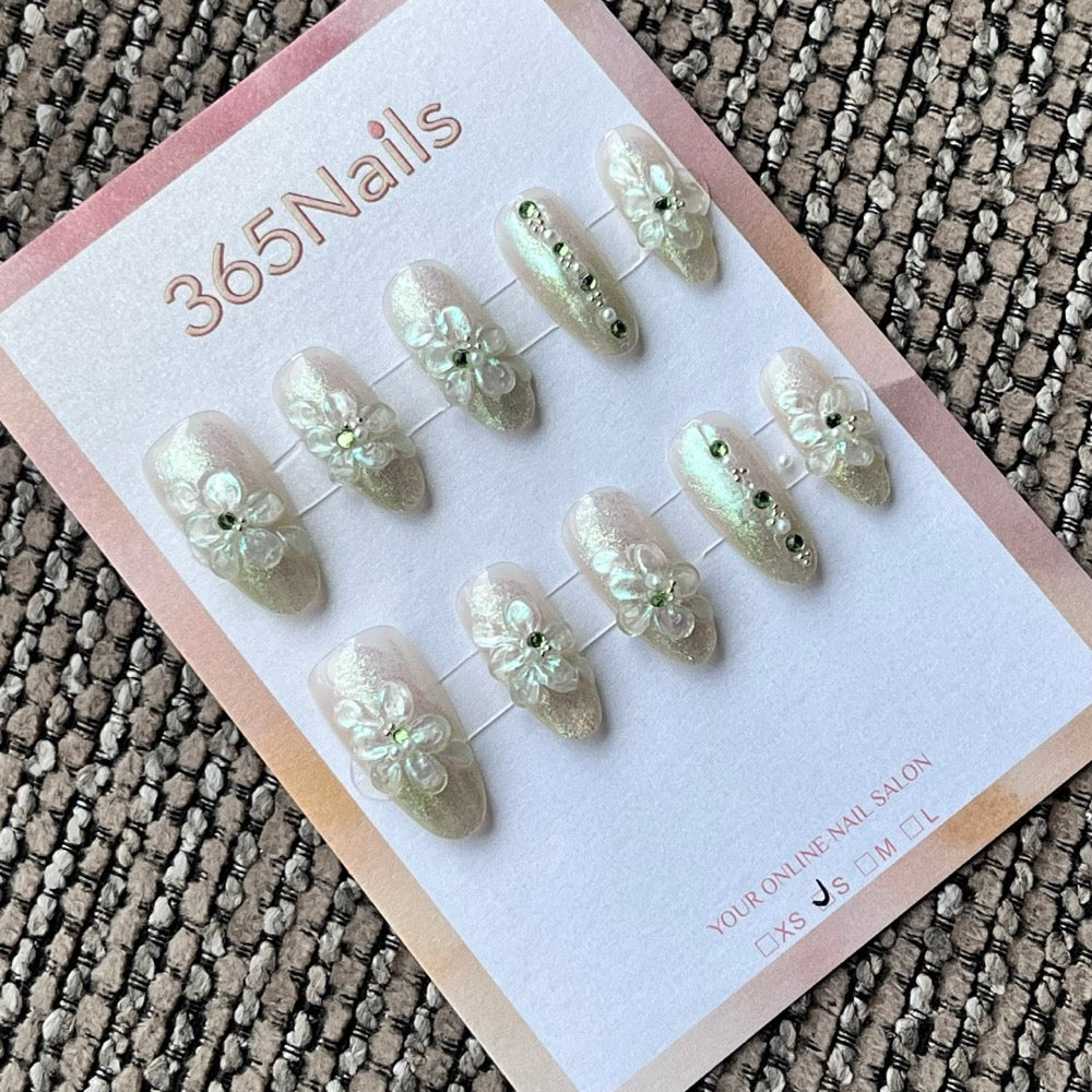 Iridescent White 3D Floral Press-On Nails | Short Almond