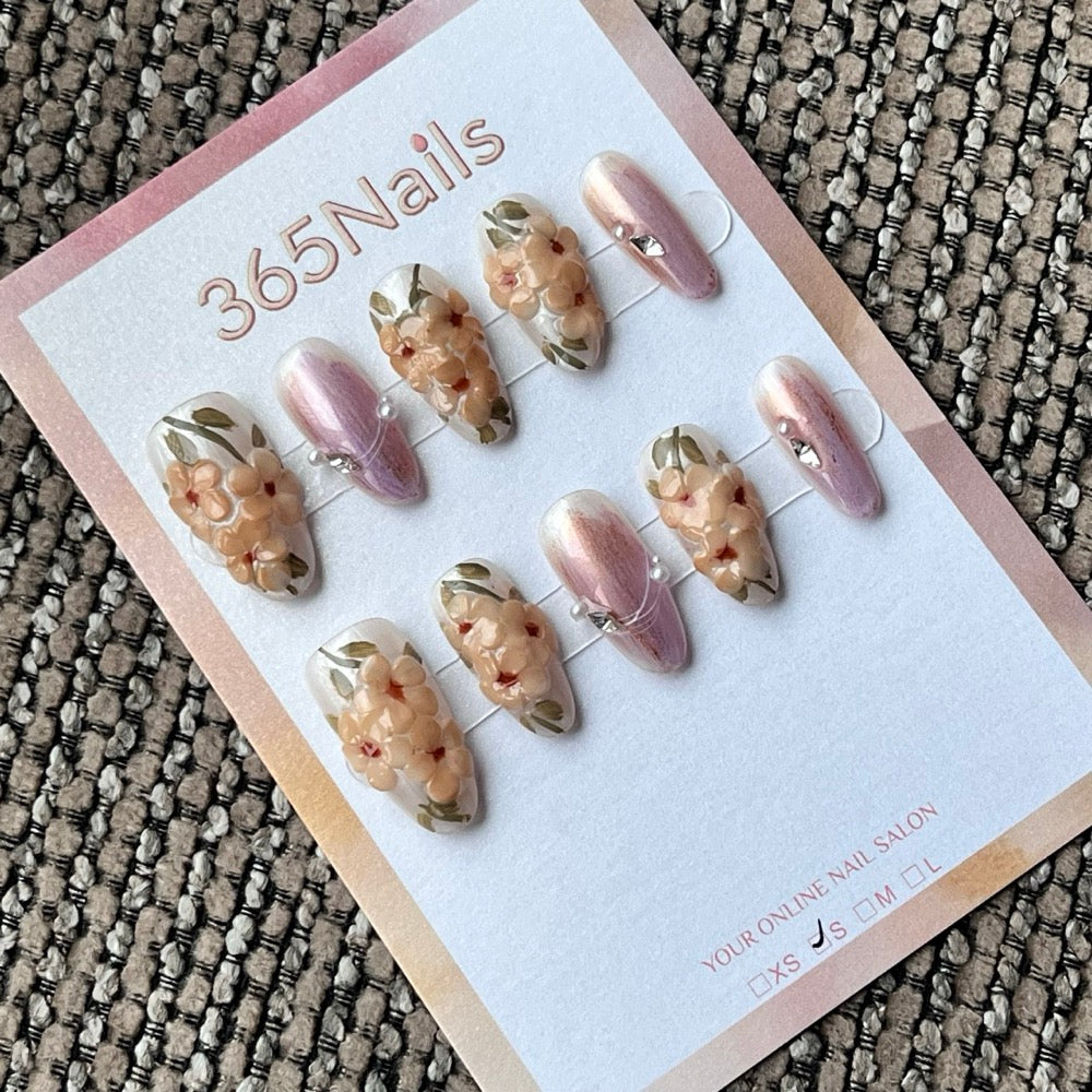 3D Floral Almond Press-On Nails