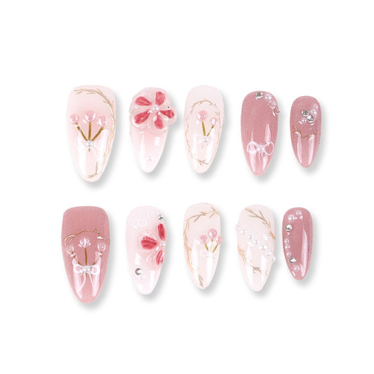 365Nails Milky White & Pink with Jelly Blossoms and Bows — Sweet Medium Almond Press‑Ons