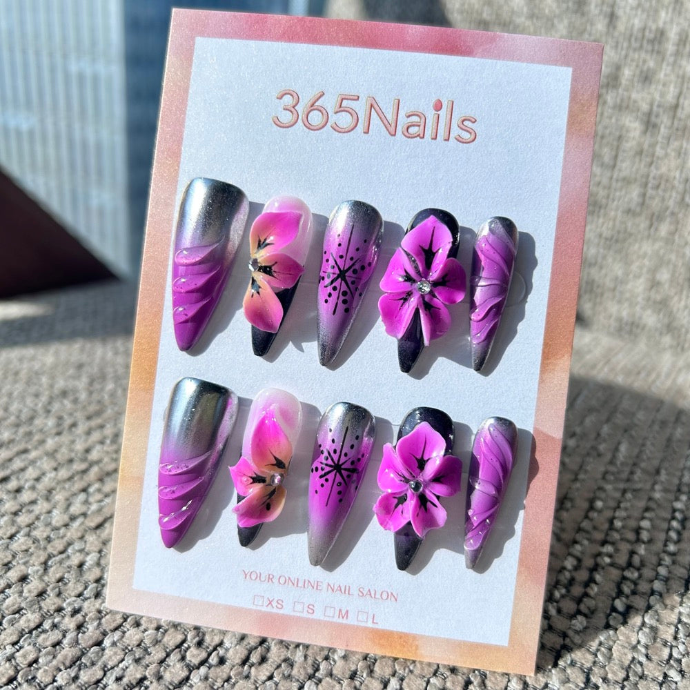 Sculpted Flora: "Cyber Orchid" – 3D Purple Flowers & Ruffled Textures on Silver Metallic Ombre Stiletto Nails